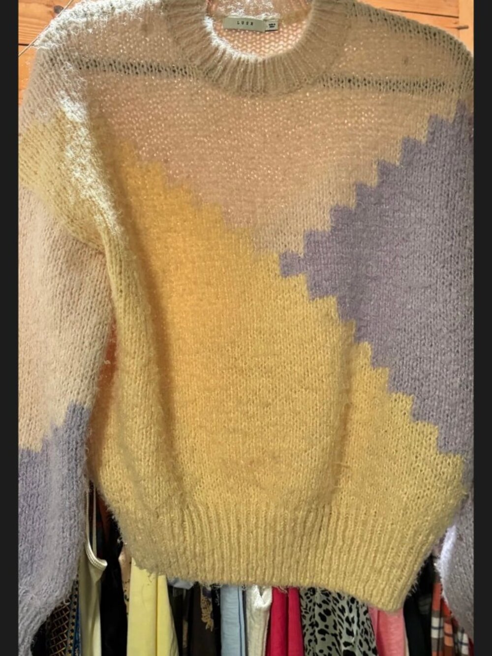 Lush Lilac and Yellow Pastel Colorblock Crewneck Sweater Sz L Fuzzy Knit